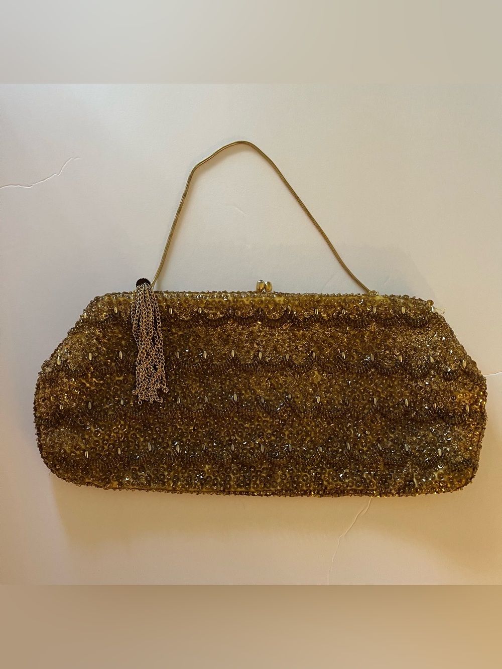 Vintage Beaded Sequin Clutch Evening Bag Gold Satin Lining Kiss Clasp Hong Kong